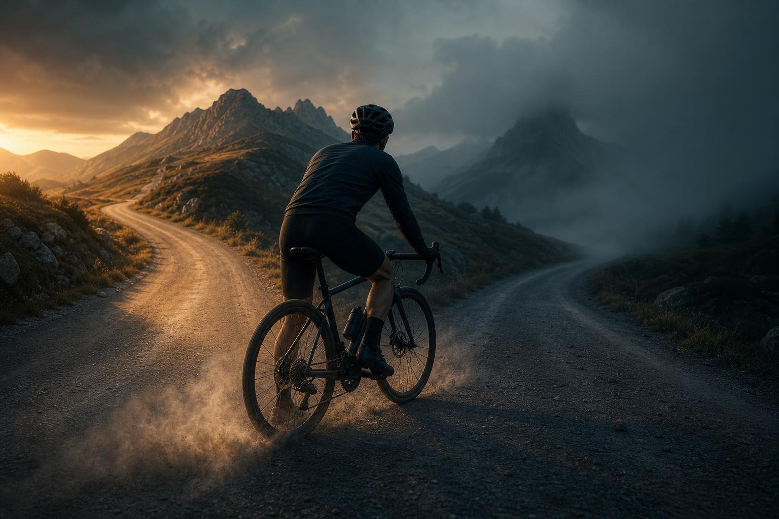 A cyclist frozen mid-motion at the edge of a fork in a mountain road at dusk, one path lit clearly and the other trailing into fog, front wheel angled uncertainly between them as brake dust rises, capturing the moment before a fast choice narrows the options.