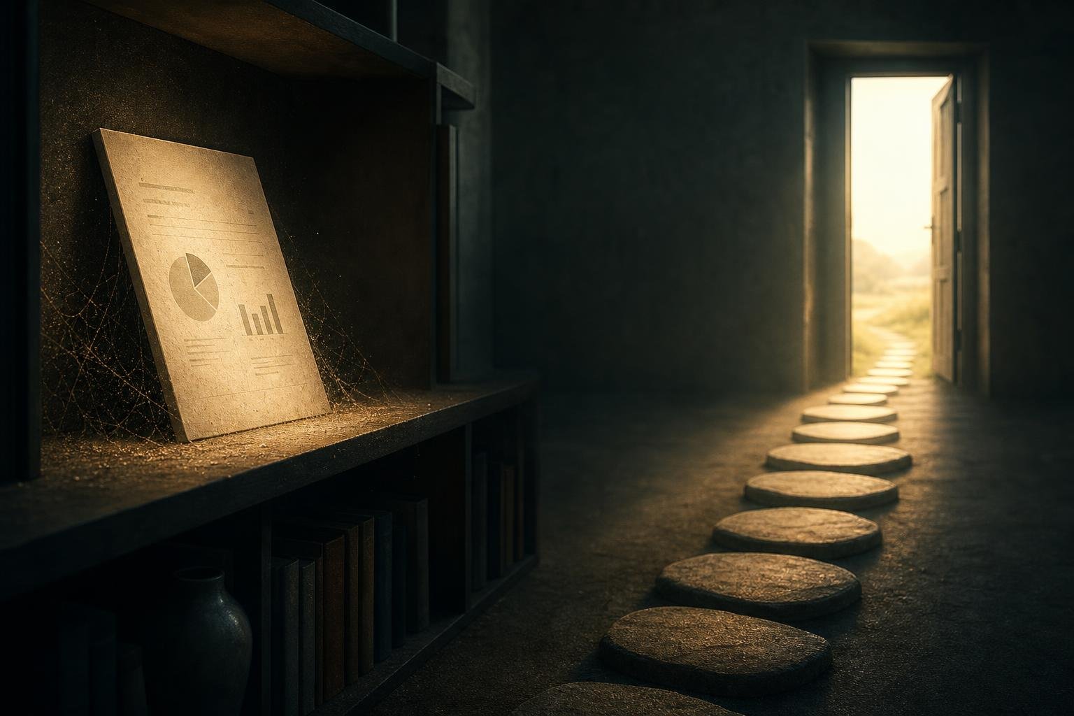 A single glowing report page resting on a shelf, gathering a faint layer of dust, while a bright unbroken path of stepping stones leads away from it across a dim room towards an open door full of daylight, symbolising an insight left untouched beside the route to action